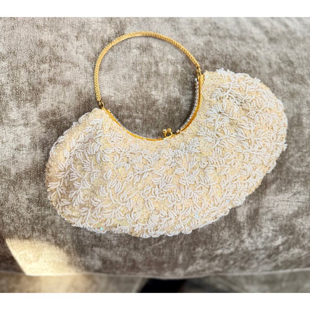 Vintage cream white beaded and rhinestoned evening bag